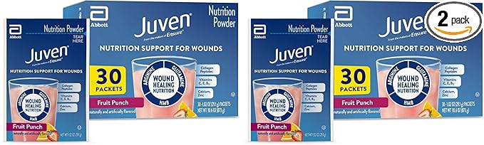 Juven Therapeutic Nutrition Drink Powder Including Collagen Peptides, Amino Acids, and HMB for Wound Healing Support, Fruit Punch, 30 Count (Pack of 2)