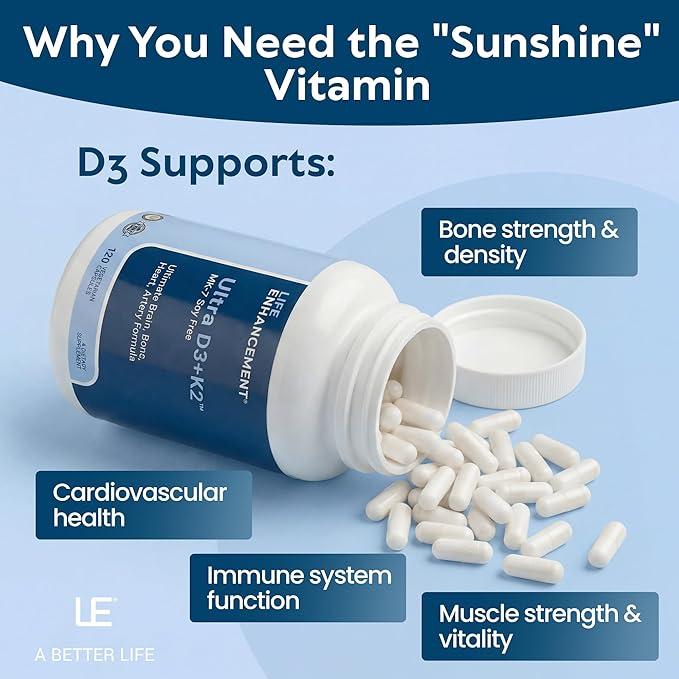Life Enhancement Vitamin D3 K2 2000iu Supports Muscle & Brain Health - D3 K2 Supplement Helps in Immune and Cardiovascular Support - Made in USA (120 Vegetarian Capsules)