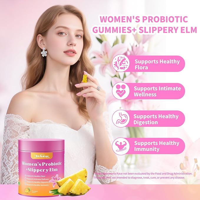 Feminine Probiotics Gummies for Women with Slippery Elm Prebiotics & Lactobacillus Blend – Supports Healthy Flora, pH Balance, Gut & Immune Function, Pineapple Flavor, 60 Count