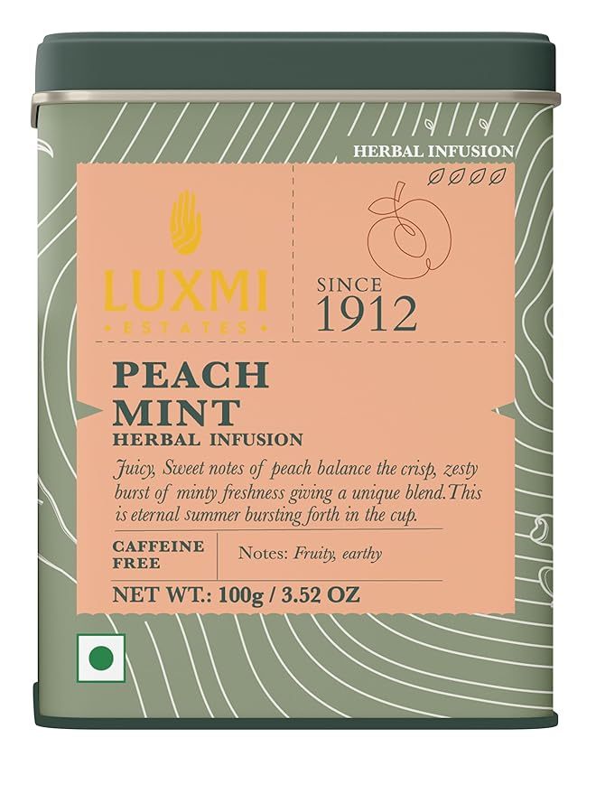 Luxmi Estates Peach Mint Tea with Cinnamon Ginger Hibiscus, 50 cups (100g/3.5oz) | Caffeine-Free