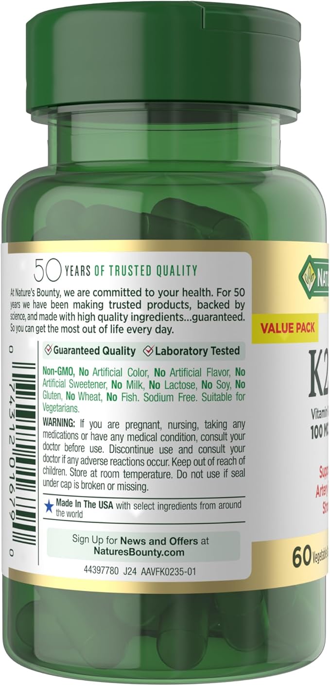 Nature's Bounty Vitamin D3 K2 Supplement, 4000 IU, D3 Plus 100 mcg of Vitamin K Supplements for Adults for Heart & Bone Health Support, 60 Day Supply, 60 Vegetarian Capsules (Pack of 3)