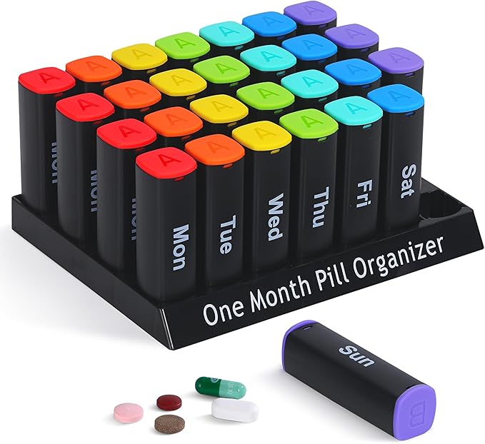 CAidRE Monthly Pill Organizer 2 Times a Day - 28 Day Pill Box AM PM, Daily Medicine Organizer for Vitamins, Supplements, Medications - Large Travel-Friendly 4 Week Pill Case for Home & Travel, Black