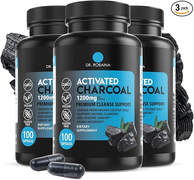 Dr. Robaina Activated Charcoal Capsules 1200 mg – Coconut-Shell Carbon for Gas & Bloating Relief, Digestive Comfort & Next-Morning Support – Vegan • Non-GMO – 100 Count, USA Made