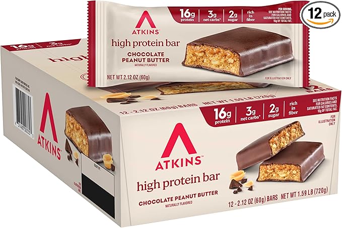 Atkins Chocolate Peanut Butter Protein Meal Bar, High Fiber, 16g Protein, Low Sugar, 3g Net Carb, Low Carb, Keto Friendly, 12 Count