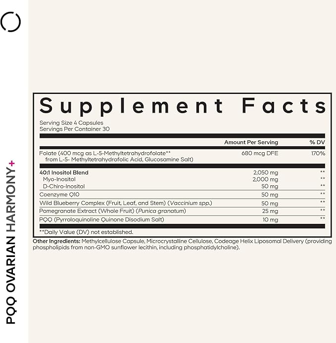 Codeage PQQ Ovarian Harmony+ Supplement - PQQ (Pyrroloquinoline Quinone), Myo-Inositol & D-Chiro-Inositol 40:1 Blend, Folate 5-MTHF, CoQ10, Wild Blueberry - Liposomal Delivery - Non-GMO - 120 Capsules
