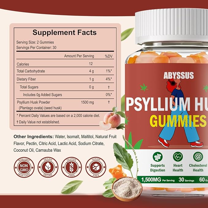 ABYSSUS Psyllium Gummies – Psyllium Husk Fiber Supplement 1500mg for Digestive Health, Sugar Free Chewable Bloating Relief & Regularity, Peach, 60 Count