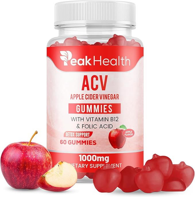 Peakhealth Apple Cider Vinegar Gummies with Vitamins - Delicious Apple Flavor for Women's Health, Metabolism Support & Digestive Wellness, 1000mg ACV with B12, B6, Folic Acid, 60 Vegan Gummies