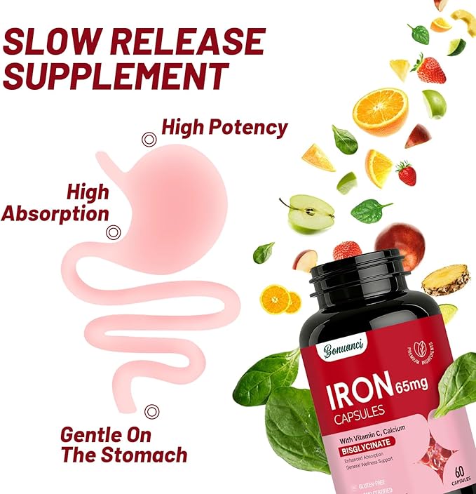 Iron Supplement - Iron 65mg High Absorption Iron Bisglycinate with Vitamin C, Calcium, Gentle Iron Pills for Women Men - Non GMO & Gluten Free, Stomach Friendly, 60 Capsules
