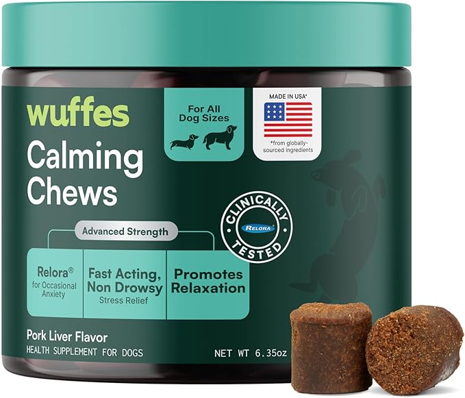 Wuffes Calming Soft Chews for Dogs, Stress Support Supplement with Relora®, L-Theanine, L-Tryptophan & Chamomile, Non-Drowsy Calming Relief for All Dogs, 60 Soft Chews