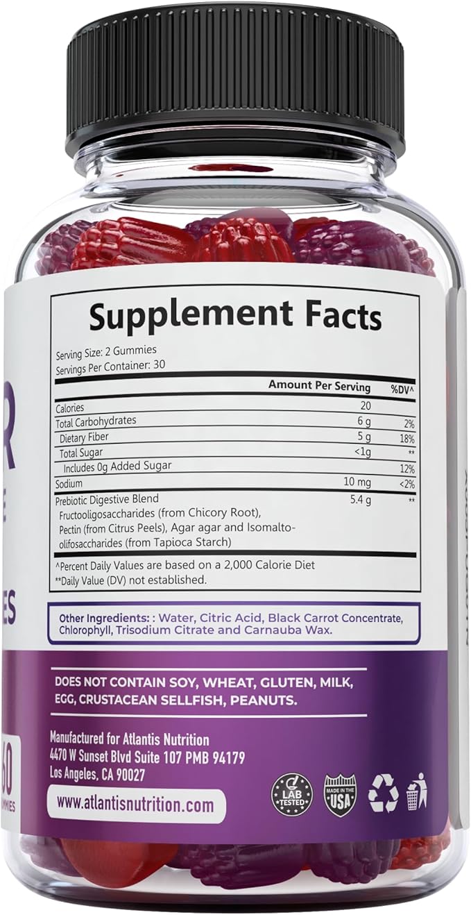 Atlantis Nutrition Sugar Free Fiber Gummies for Adults - 5G Fiber Supplement Formulated with 5.4G Prebiotic Digestive Blend/Serving - Supports Gut Health & Healthy Digestion - 2-Pack 120 Gummies