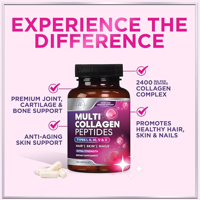 Multi Collagen Peptides Complex - Advanced Hydrolyzed Collagen Supplement Pills with Type I, II, III, V & X - Hair, Skin, Nail & Joint Support Supplement for Women & Men - USA Bottled - 60 Capsules