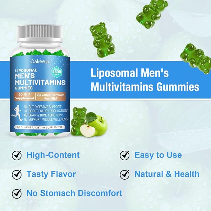 2 Pack 60-IN-1 Liposomal Methylated Multivitamin Gummy for Men Overall 4500MG+,Vitamin A C D3 K E B Complex ,Probiotics,Omega 3,CoQ10,Zinc,120+ Nutrients,for Immune,Heart and Digestive Wellness