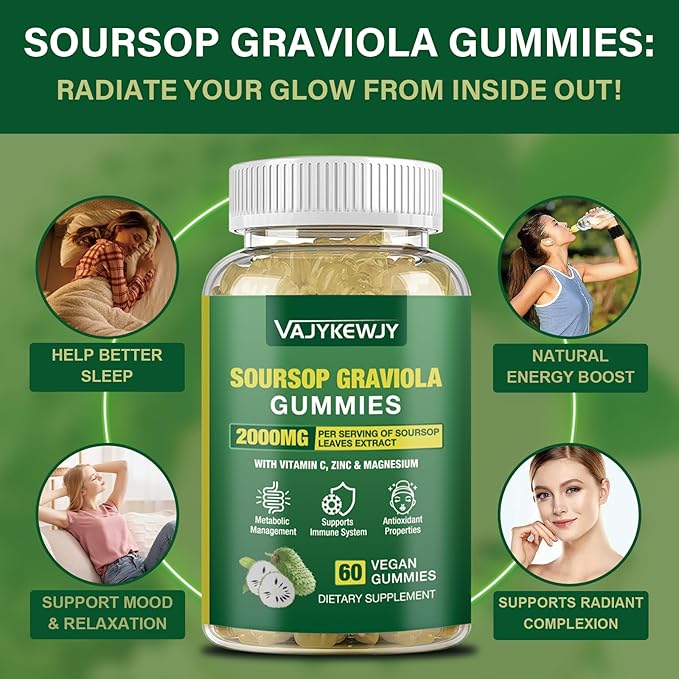 2 Pack Soursop Graviola Gummies - 2000mg Extra Strength Soursop Leaves Extract, Vitamin C, Zinc & Whole Natural Food for Immunity, Vegan, 120 Gummies