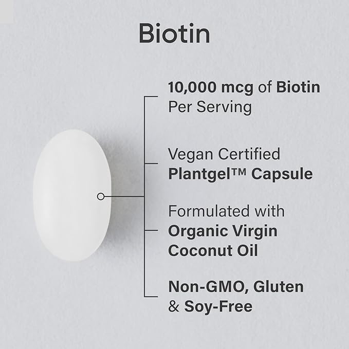 Sports Research® Biotin 10,000mcg with Organic Coconut Oil - Biotin (Vitamin B7) for Healthy Skin and Hair Support* - for Women and Men - Vegan, Non-GMO, Gluten & Soy-Free - 30 Veggie Softgels