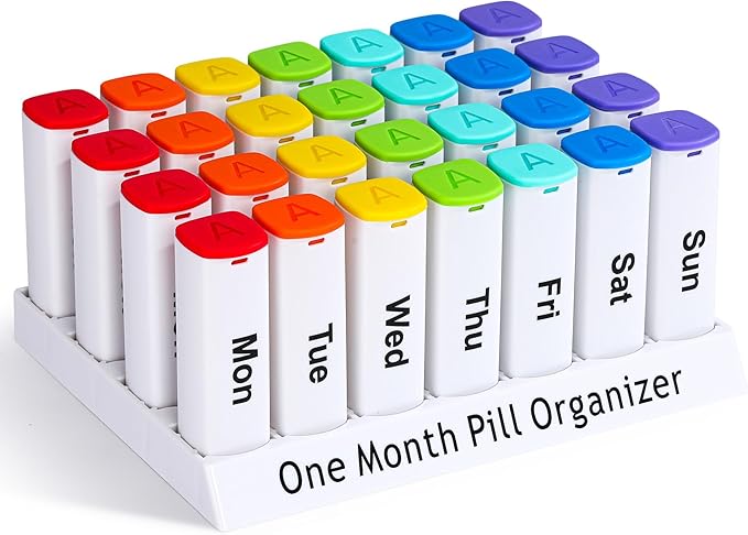 CAidRE Monthly Pill Organizer 2 Times a Day - 28 Day Pill Box AM PM, Daily Medicine Organizer for Vitamins, Supplements, Medications - BPA Free Pill Case for Home & Travel, White