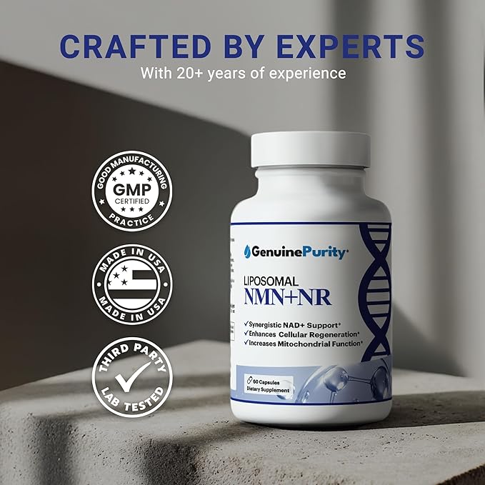 Liposomal NMN + NR Supplement - 60 Vegan Capsules to Support Cellular Health, Energy & NAD+ Levels - USA Made, Non-GMO, Gluten Free