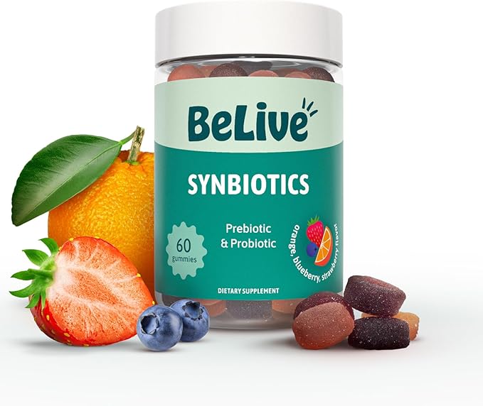BeLive Synbiotics - Probiotic & Prebiotic Fiber Gummies – High Strength Inulin (3g), Dietary Fiber Supplement, Digestive Support for Kids & Adults - Strawberry, Orange, Blueberry Flavor (60Ct)