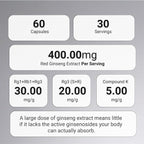 Gin Hongsam Saponin Capsule Plus Korean Red Panax Ginseng Extract - High Rg3 & Compound K Supplement - Caffeine Free Extra Strength Energy, Focus & Immune Support - 60 Capsules