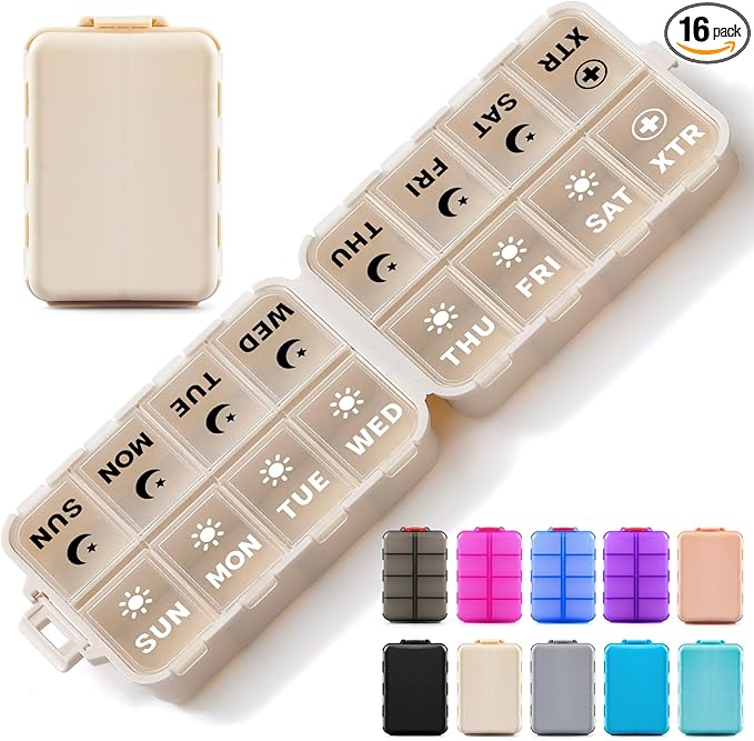 Foldable Weekly Pill Organizer 2 Times a Day with 2 Extra Compartments (Clear Printed Labels) - Portable 7 Day AM PM Medicine Box, Week Daily Travel Pill Case Holder for Vitamin, Supplement - Khaki