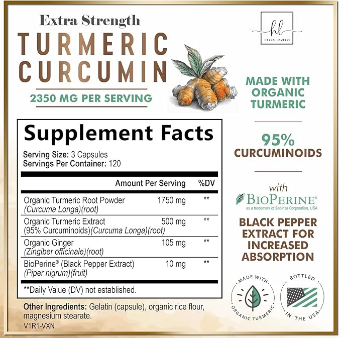 Turmeric Curcumin Supplement with 95% Curcuminoids, Organic Turmeric & Ginger 1750mg, BioPerine Black Pepper for Best Absorption, Nature's Vegan Joint Support, Non-GMO, Bottled in USA - 360 Capsules