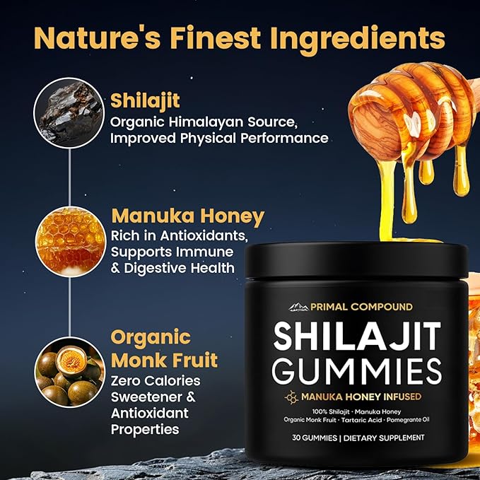 Primal Compound Shilajit Gummies for Men,with Manuka Honey, Organic Monk Fruit & Fulvic Acid, Shilajit Gummies Energy Supplements, 30 Gummies