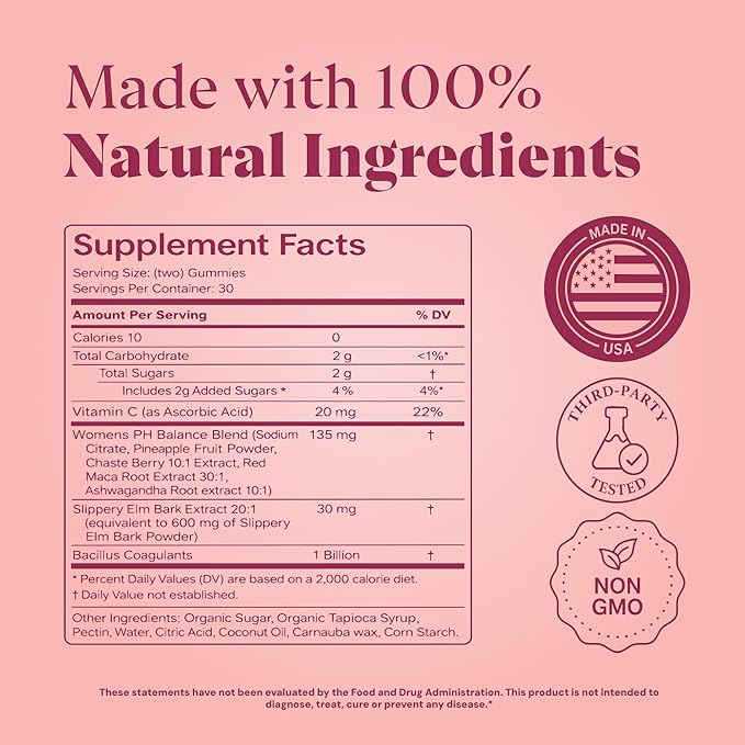 8-in-1 Slippery Elm Vaginal Probiotic Gummies for Women - Intimate Moisture, Balanced pH, Healthy Odor, Yeast Balance & Flora Support + Vitamin C - Tasty Pineapple (60 Count)