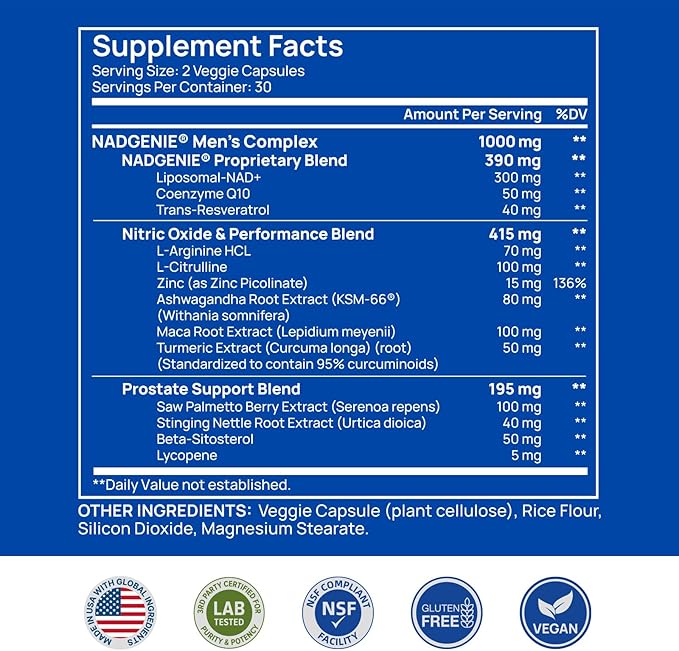 NAD Supplement for Men – Liposomal NAD+ NMN Alternative Nitric Oxide Prostate Health Supplements with Resveratrol, CoQ10, L Citrulline and Lycopene for Anti-Aging & Cellular Energy Support 60 Capsules