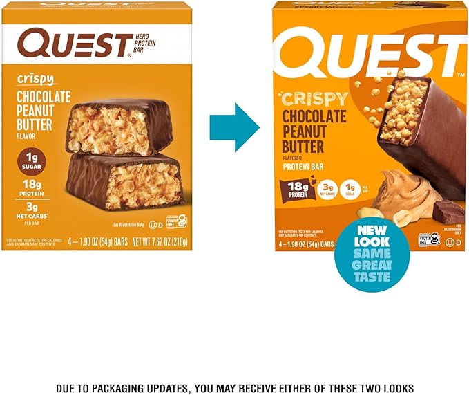 Quest Nutrition Crispy Chocolate Peanut Butter Hero Protein Bar, 18g Protein, 1g Sugar, 3g Net Carb, Gluten Free Protein Snack, Keto Friendly, 4 Count
