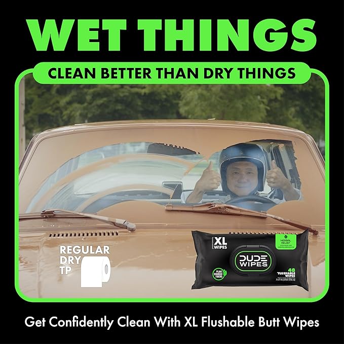 DUDE Wipes Herbal Relief Flushable Wipes - Extra-Large Adult Wet Wipes - 6 Pack (288 Count) - Infused with Soothing Witch Hazel, Geranium Essential Oils, Vitamin E, and Aloe - Septic and Sewer Safe