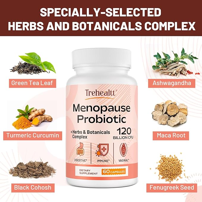 Menopause supplements for women, 120 Billion CFU Probiotic, 13-in-1 Herbs & Botanicals Complex, for Hormone Menopause, Hot Flashes, Night Sweats, Mood Swings, Sleep Disturbances, Vegan, 120 Caps