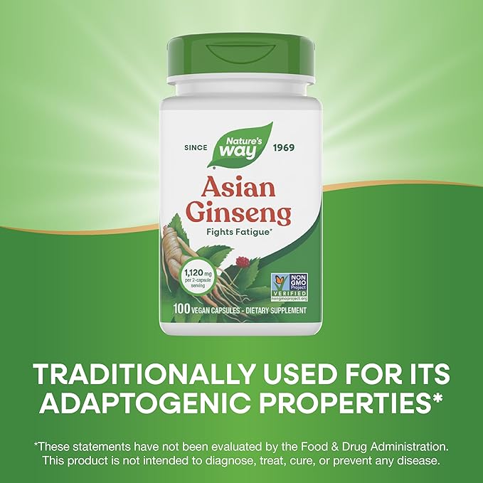 Nature's Way Asian Ginseng, Fights Fatigue*, 1,120mg Per 2-capsule Serving, Non-GMO Project Verified, Vegan, 100 Capsules (Packaging May Vary)