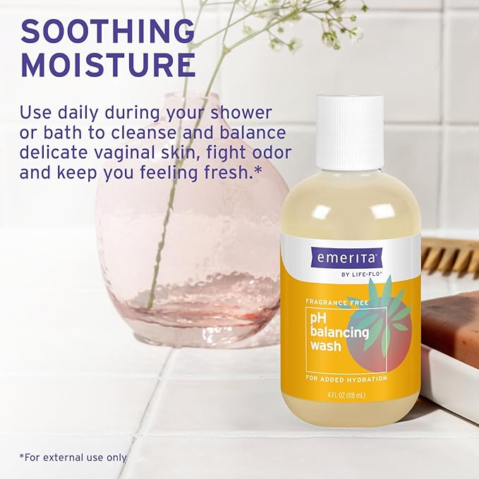 Emerita by Life-flo pH Balancing Feminine Wash, Hydrating Cleanser Soothes Delicate Areas, Fights Odor and Keeps You Feeling Fresh, Made Without Parabens, Fragrance Free, Not Tested on Animals, 4oz