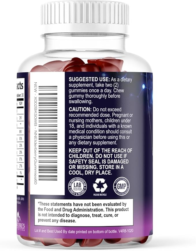 Elderberry Gummies - Black Elderberry Extract Immune Support Gummy with Vitamin C, D3 and Zinc - Sambucus Immune Health Support Supplement for Kids & Adults, Black Elder Berry Vitamins - 60 Gummies