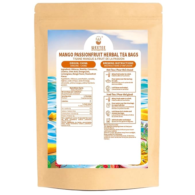 WT WEETEE Mango Passionfruit Herbal Tea, 50 Count Tropical Fruit Flavored Tea Bags, Caffeine Free Herbal Hibiscus Rosehips Cinnamon Orange Peel