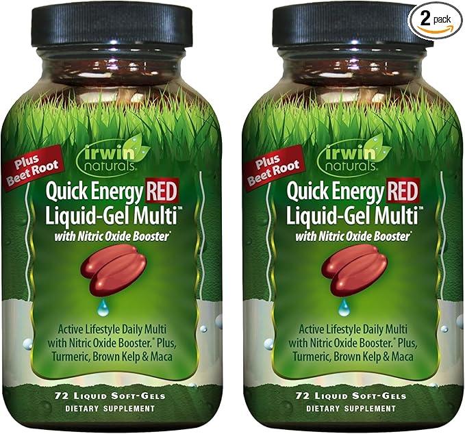 Irwin Naturals Quick Energy RED Liquid-Gel Multi – 72 Liquid Soft-Gels – Nitric Oxide + Energy Support - 2 Pack