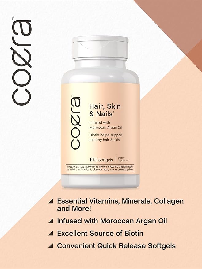 Coera Hair, Skin and Nails Vitamins with Collagen, Biotin & Moroccan Argan Oil | 165 Softgels | Non-GMO & Gluten Free Supplement for Men and Women
