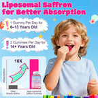 Liposomal Saffron Gummies for Kids and Adults, Pure Saffron Extract Supplements with Holy Basil, Rosemary, Magnesium Glycinate, L-Theanine, Stress Relief & Focus Support, Sugar Free, 60 Ct