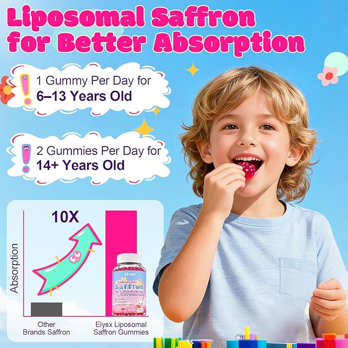 Liposomal Saffron Gummies for Kids and Adults, Pure Saffron Extract Supplements with Holy Basil, Rosemary, Magnesium Glycinate, L-Theanine, Stress Relief & Focus Support, Sugar Free, 60 Ct