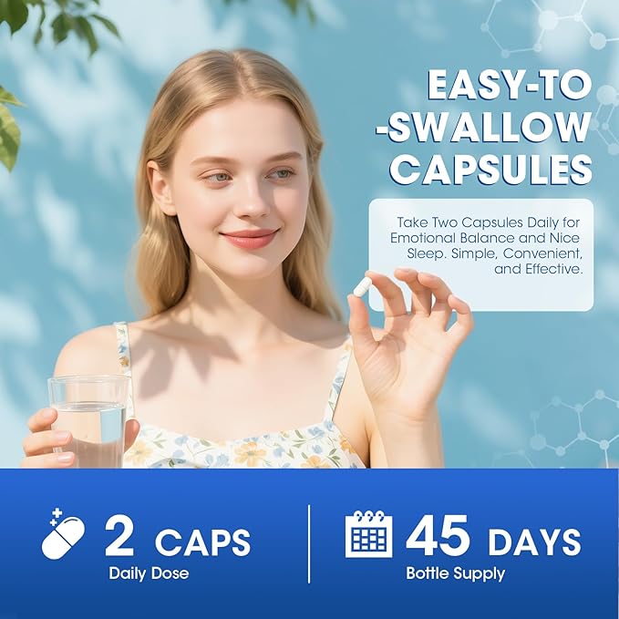 GABA Supplements 750mg with L Theanine, 5HTP, Ashwagandha, Lemon Balm, Ginkgo Biloba, Omega-3, 10 in 1 GABA Calm Capsules for Sleep, Relaxation, Focus, Mood Support, Cortisol Balance - 90CT