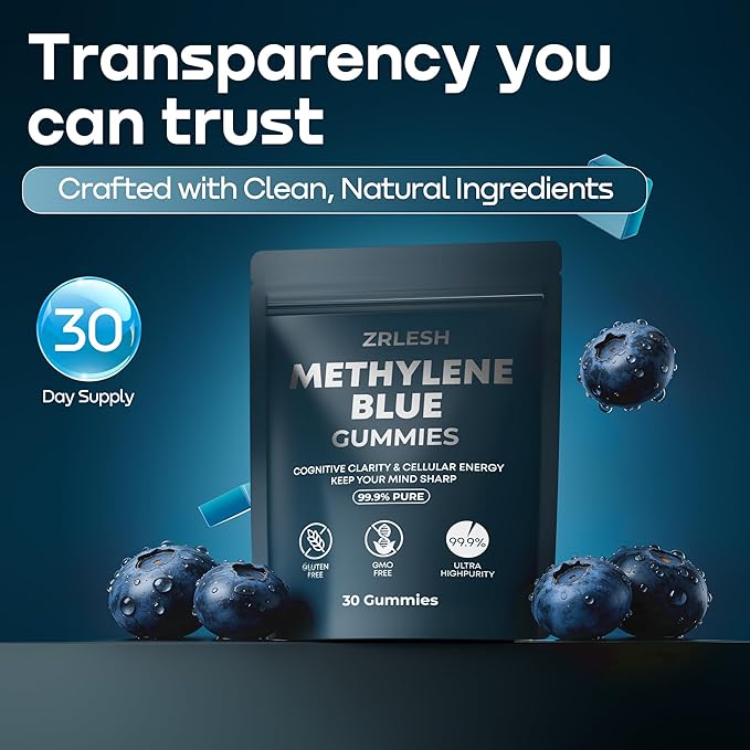 Methylene Blue Gummies, 7mg of Methylene Blue，99.9% Pure, Per Gummy for Sustained Energy,Lifted Mood,Mental Clarity, Pure, Fast-Absorbing,Vegan，30 Gummies