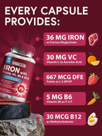 Iron Supplement for Women & Men, Iron Bisglycinate with Vitamin C, B6, B12, Folate, Stomach Friendly, Non-Constipating, Blood Health & Energy Boost, 60 Vegan Caps