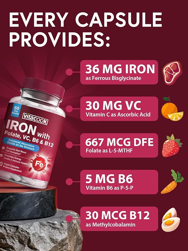 Iron Supplement for Women & Men, Iron Bisglycinate with Vitamin C, B6, B12, Folate, Stomach Friendly, Non-Constipating, Blood Health & Energy Boost, 60 Vegan Caps