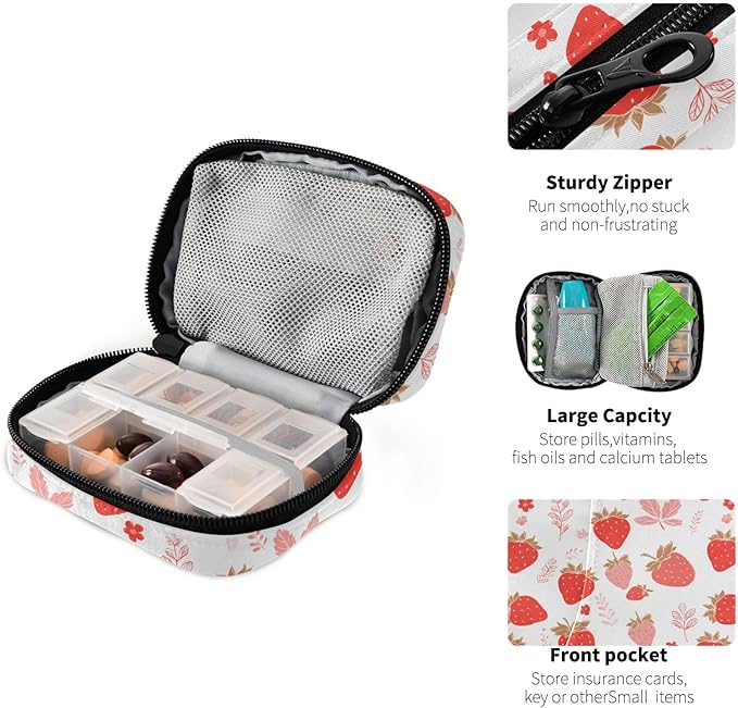 Strawberry Cute Weekly Medicine Pill Organizer Travel Pill Case Box Holder Container Small for Vitamin Supplement