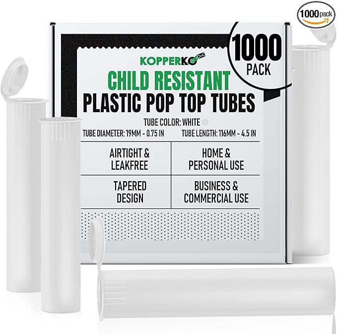 Kopperko Plastic Medicine Bottles (116mm, 4.6 Inch 1000-Pack) | Child Resistant Small Tube Containers | Small Storage Tube for Spices | Airtight, UV Resistant & Waterproof (White Plastic)