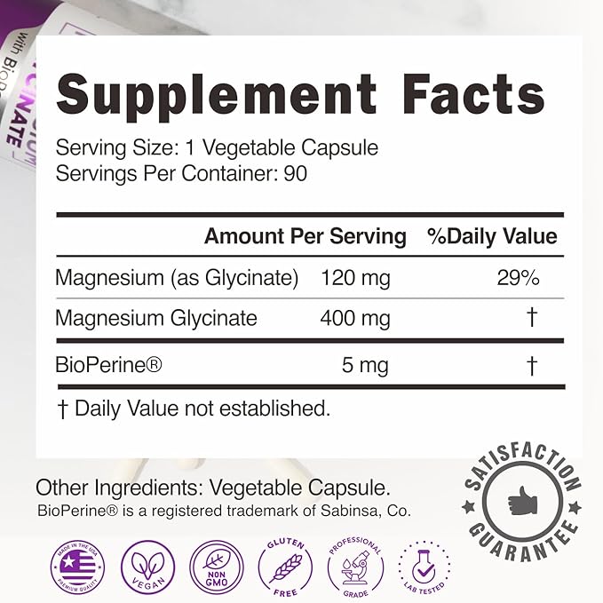 Pure Magnesium Glycinate 400mg - 5X Higher Absorption - Support Stress Relief, Sleep, Bone Health - 100% Chelated - Pure Magnesium Supplement for Women and Men- 90 Veggie Capsules