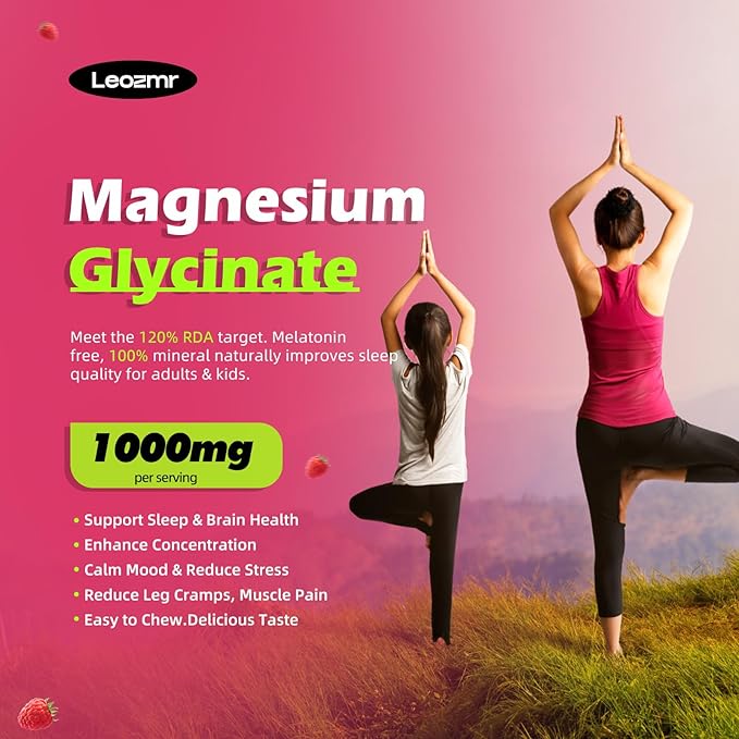 Magnesium Glycinate Gummies 1000mg - Sugar Free Magnesium Potassium Supplement with Vitamin D, B6, CoQ10 for Calm Mood & Sleep Support - 120Raspberry Gummies