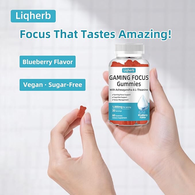 Focus Gummy for Gaming: with L-Theanine, Ashwagandha & Taurine, Stress Relief, Energy & Focus, for Gamers & Pros, Caffeine-Free, Sugar-Free Blueberry Flavor, Vegan, Non-GMO, Gluten Free, 60