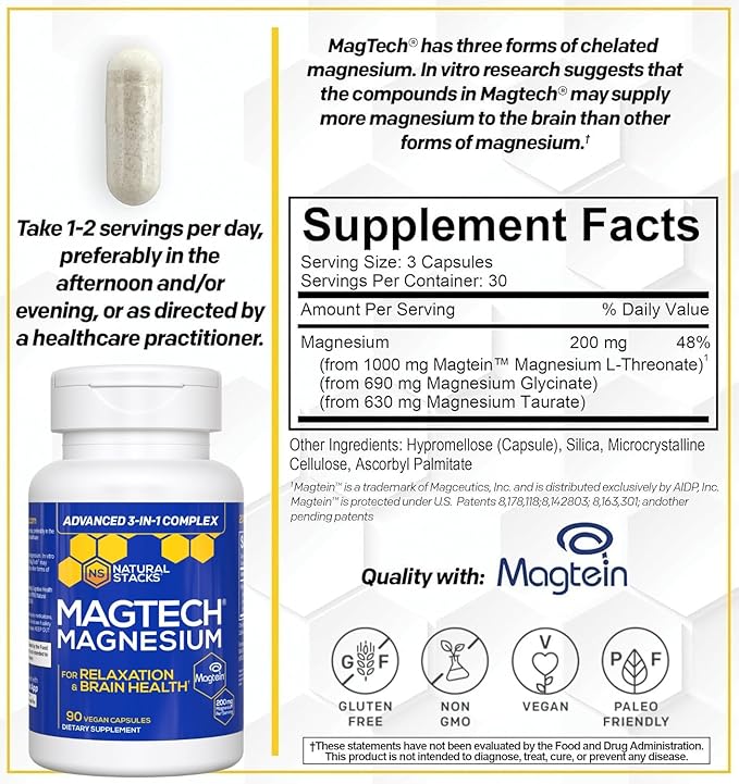 Natural Stacks MagTech Magtein Magnesium L-Threonate, Glycinate & Taurate 200mg Chelated Magnesium Complex Supplement for Relaxation & Brain Health 90 Capsules