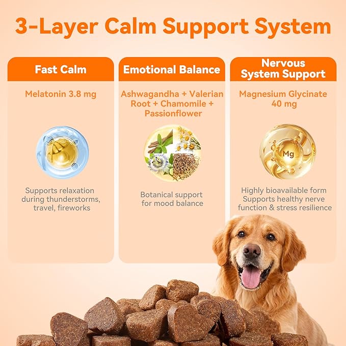 Dog Calming Chews – Magnesium Glycinate & Melatonin for Dogs, 4 Herbal Ingredients for Anxiety Relief, Stress & Travel Support, Chicken Flavor (90 Count)