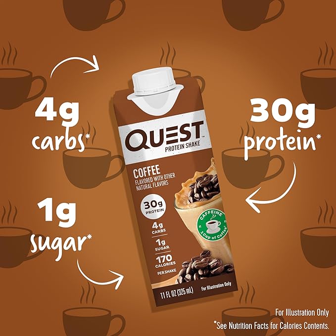 Quest Nutrition Ready to Drink Coffee Protein Shake, 30g Protein, 4g Carb, 1g Sugar, Gluten Free, Keto Friendly, 4 Count (Pack of 6)